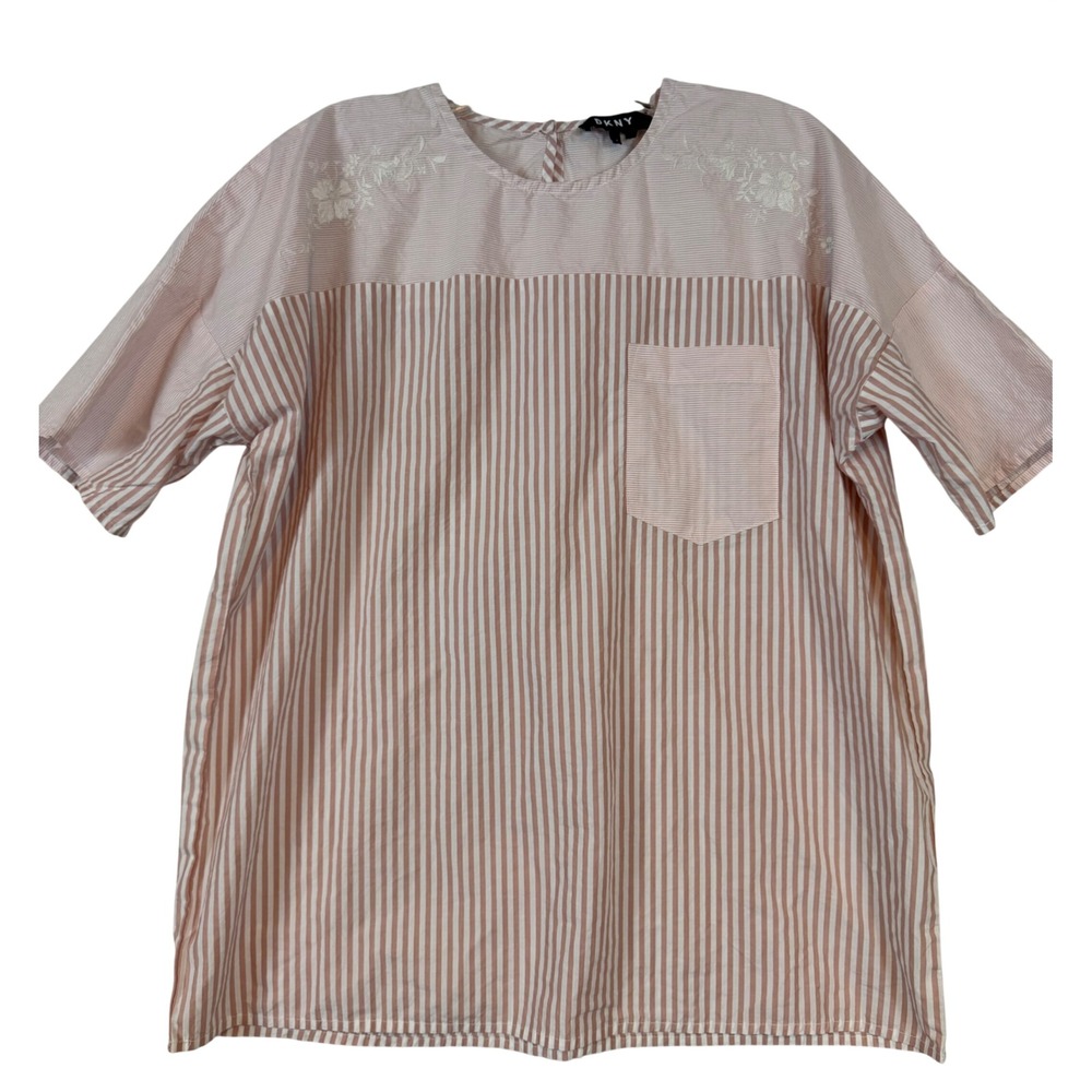 DKNY Womens Pink White Striped Embroidered S/S Top •S• Cottagecore Feminine Boho